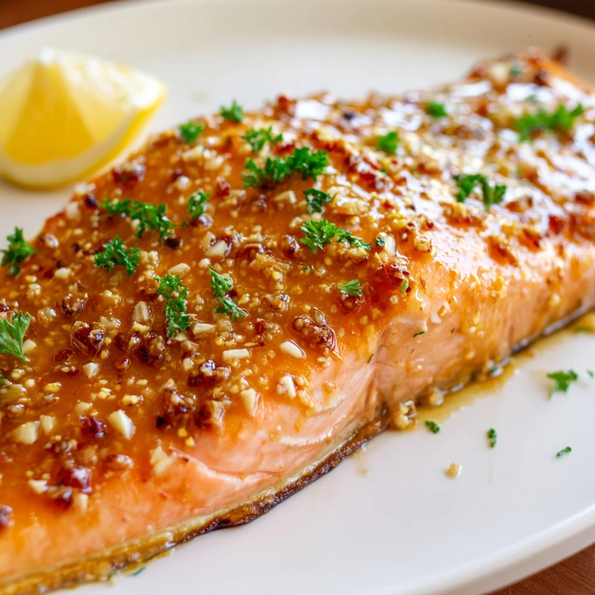Golden baked honey mustard salmon fillet drizzled with glossy, caramelized sweet and tangy glaze