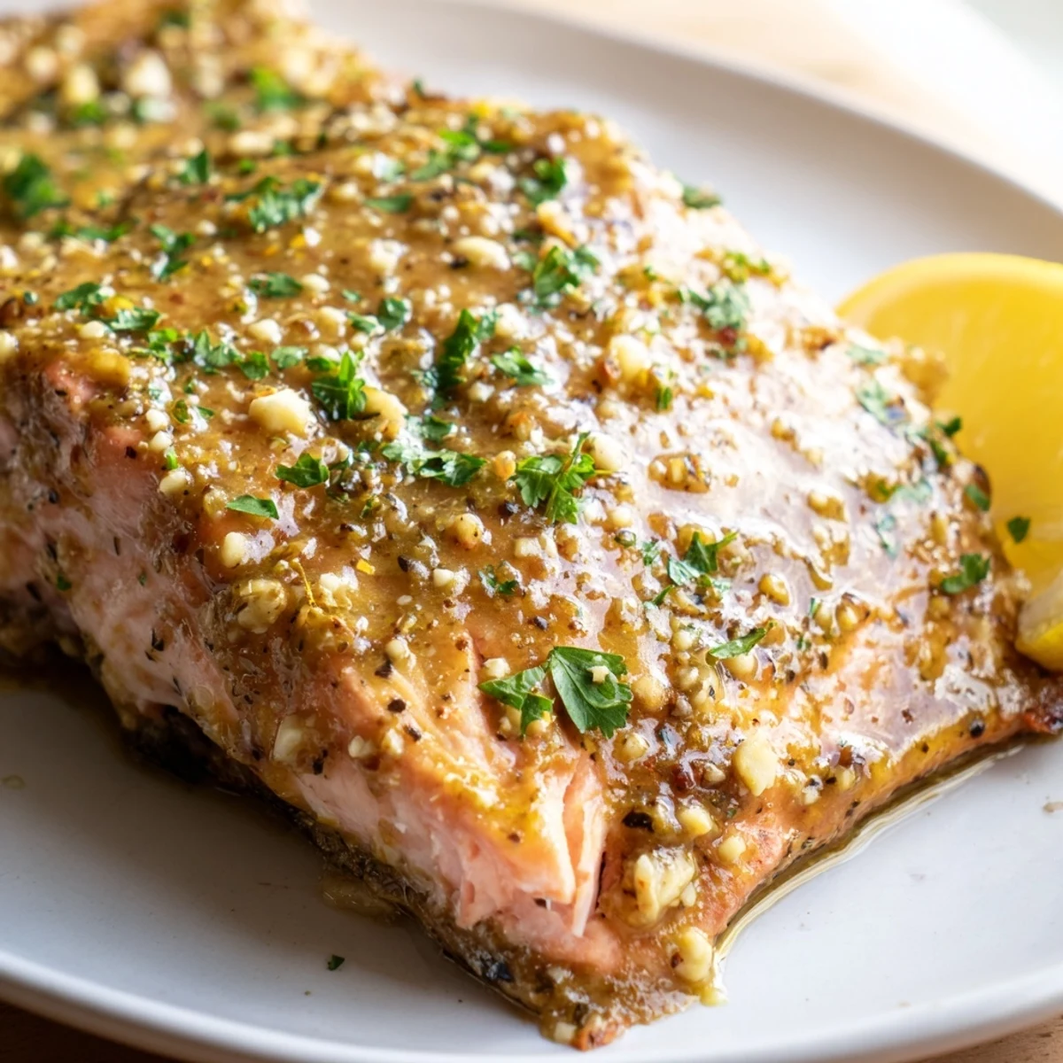 Tender baked honey mustard salmon on a parchment-lined sheet garnished with fresh parsley and lemon wedges