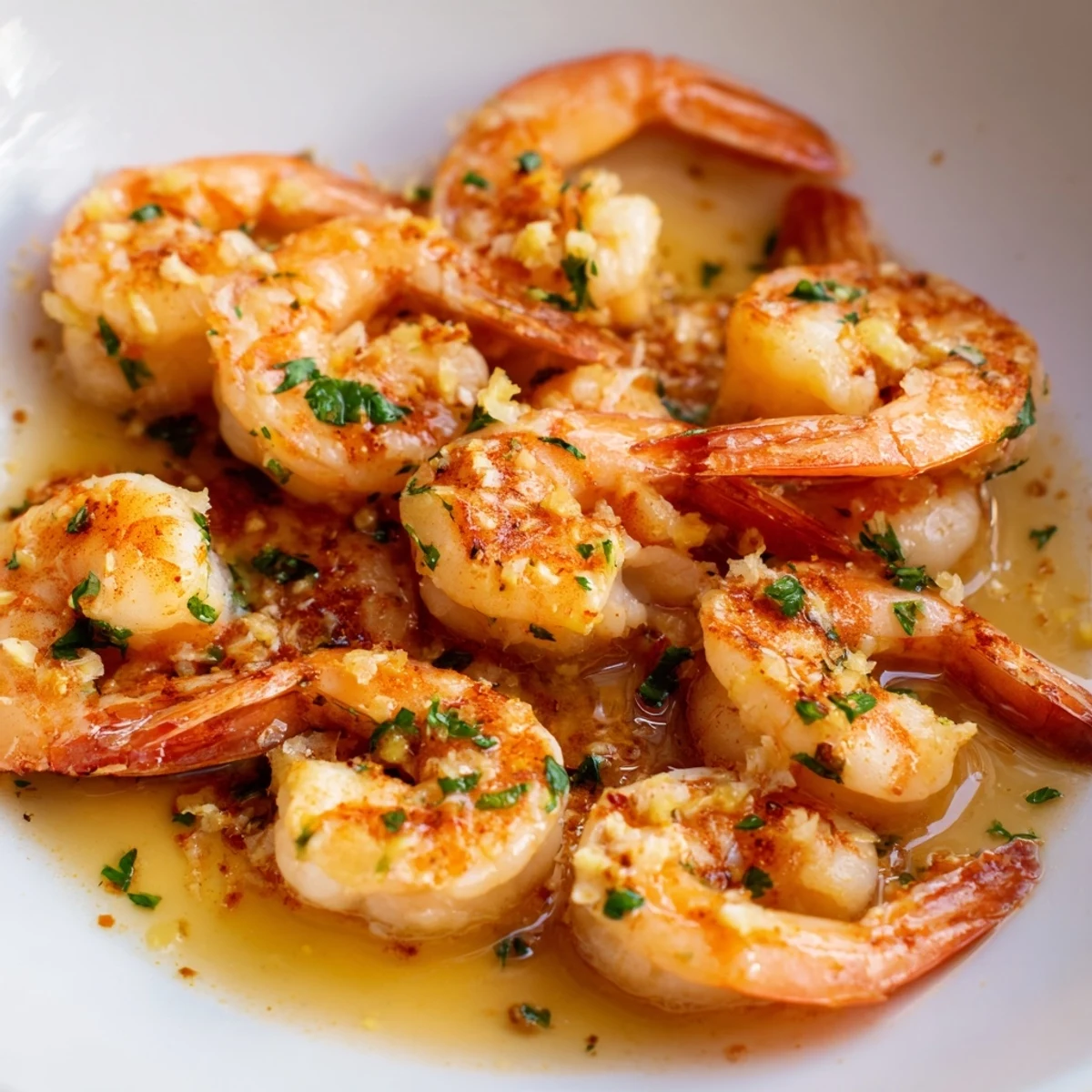 Golden buttered shrimp glistening in a garlicky lemon butter sauce with fresh parsley