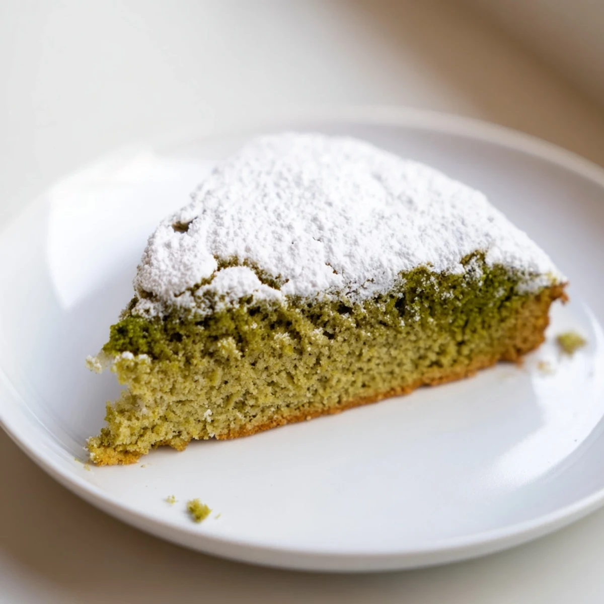 A fluffy slice of Matcha Cake Recipe Bake dusted with green tea powder.