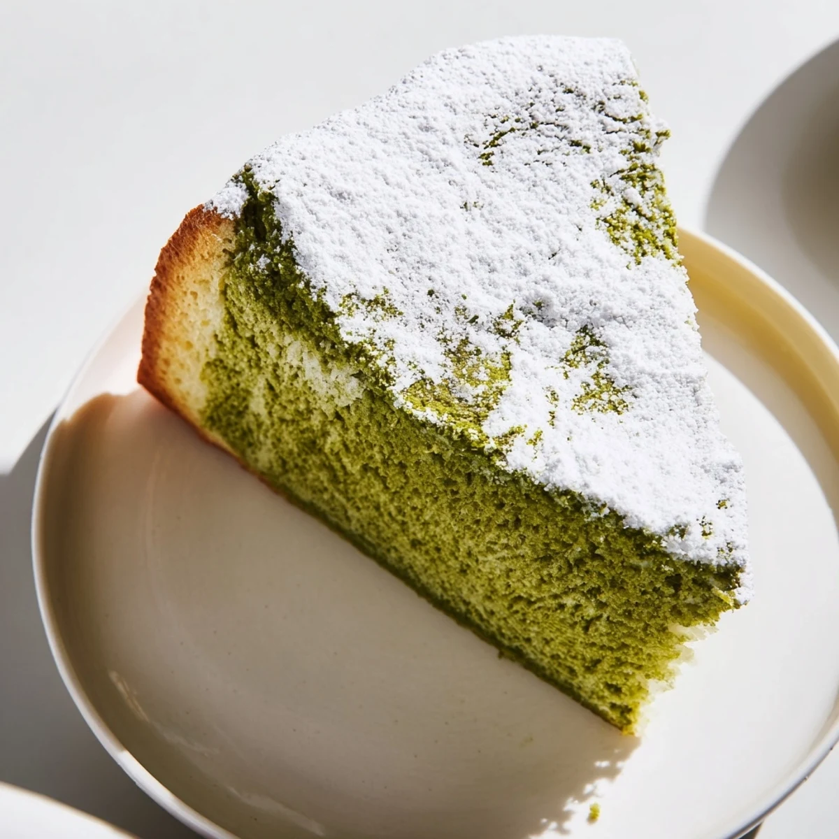 Light green Matcha Cake Recipe Bake sitting on a white wire cooling rack.