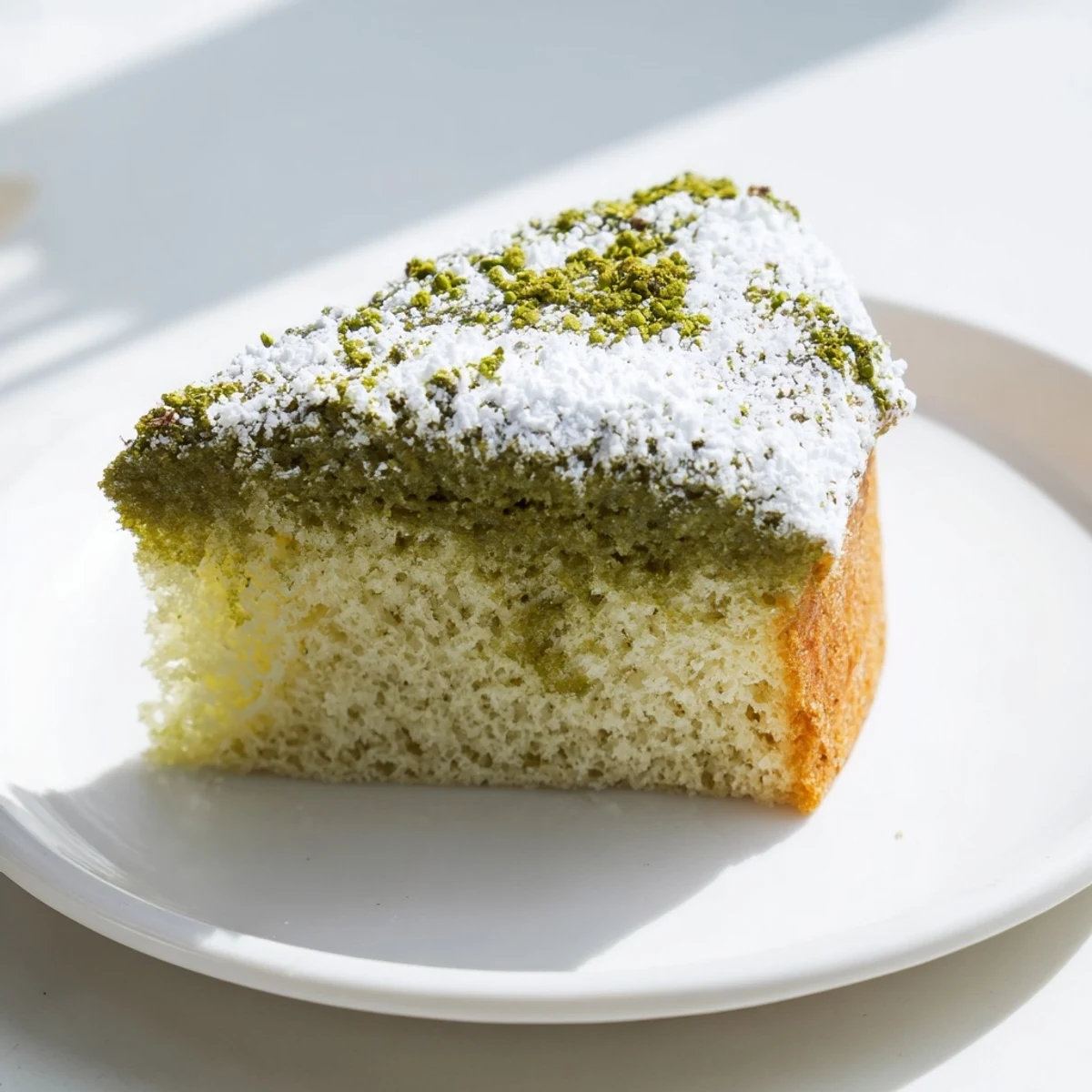 Slice of Matcha Cake Recipe Bake served with fresh berries on a plate.