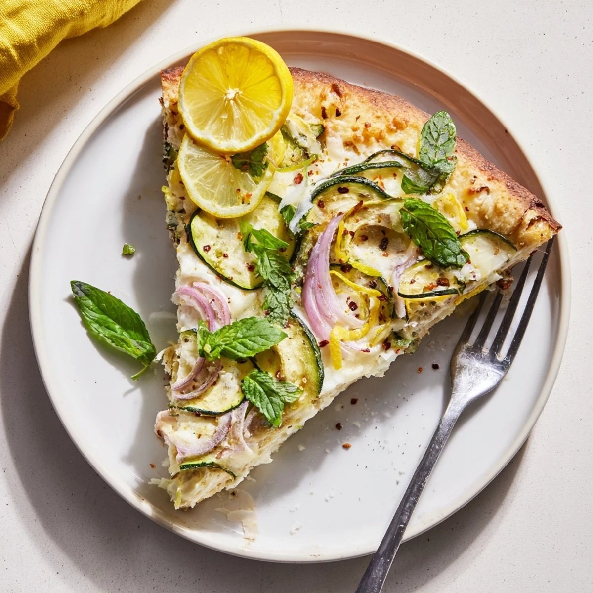 Golden slice of Zesty Summer Lemon Pizza topped with zucchini ribbons and fresh basil on a white plate