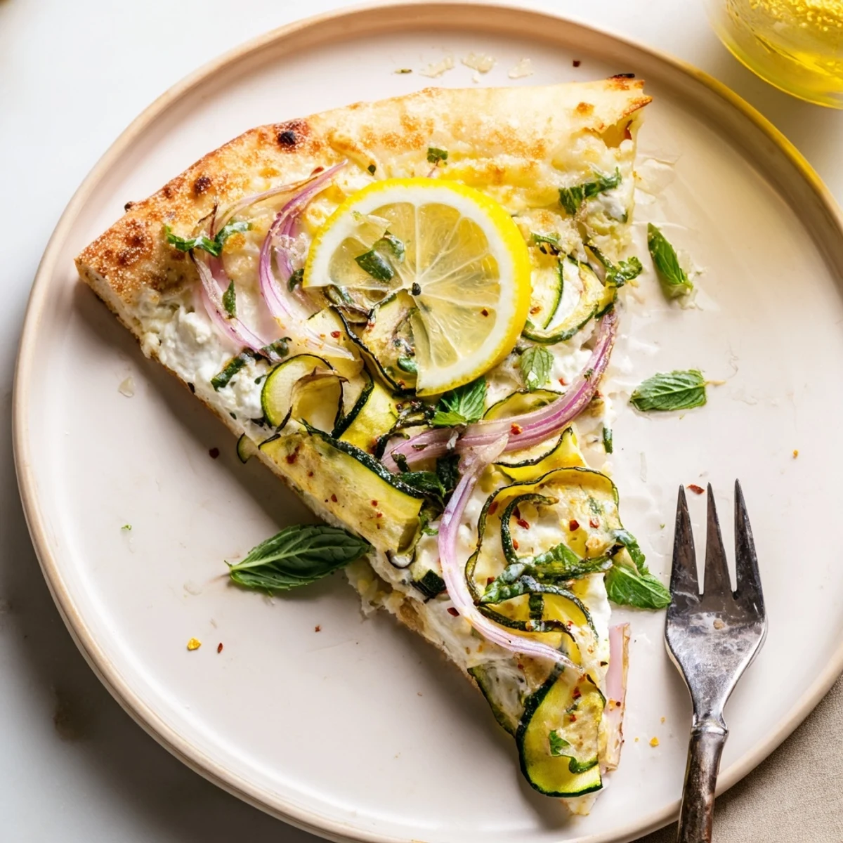 Rustic homemade Zesty Summer Lemon Pizza featuring bubbly mozzarella and thin lemon slices baked on a wooden board