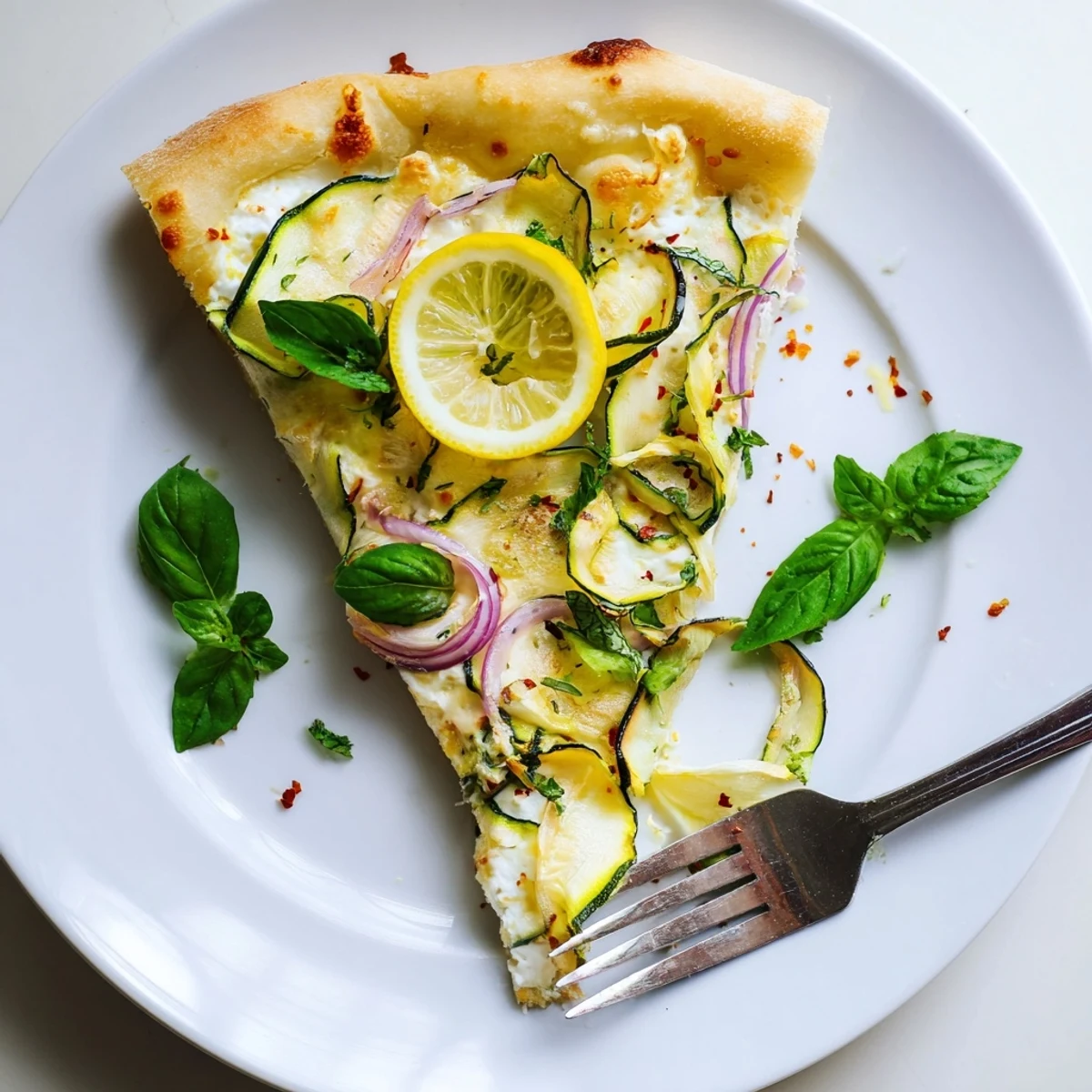Close-up of vegetarian Zesty Summer Lemon Pizza garnished with mint, chili flakes, and parmesan cheese