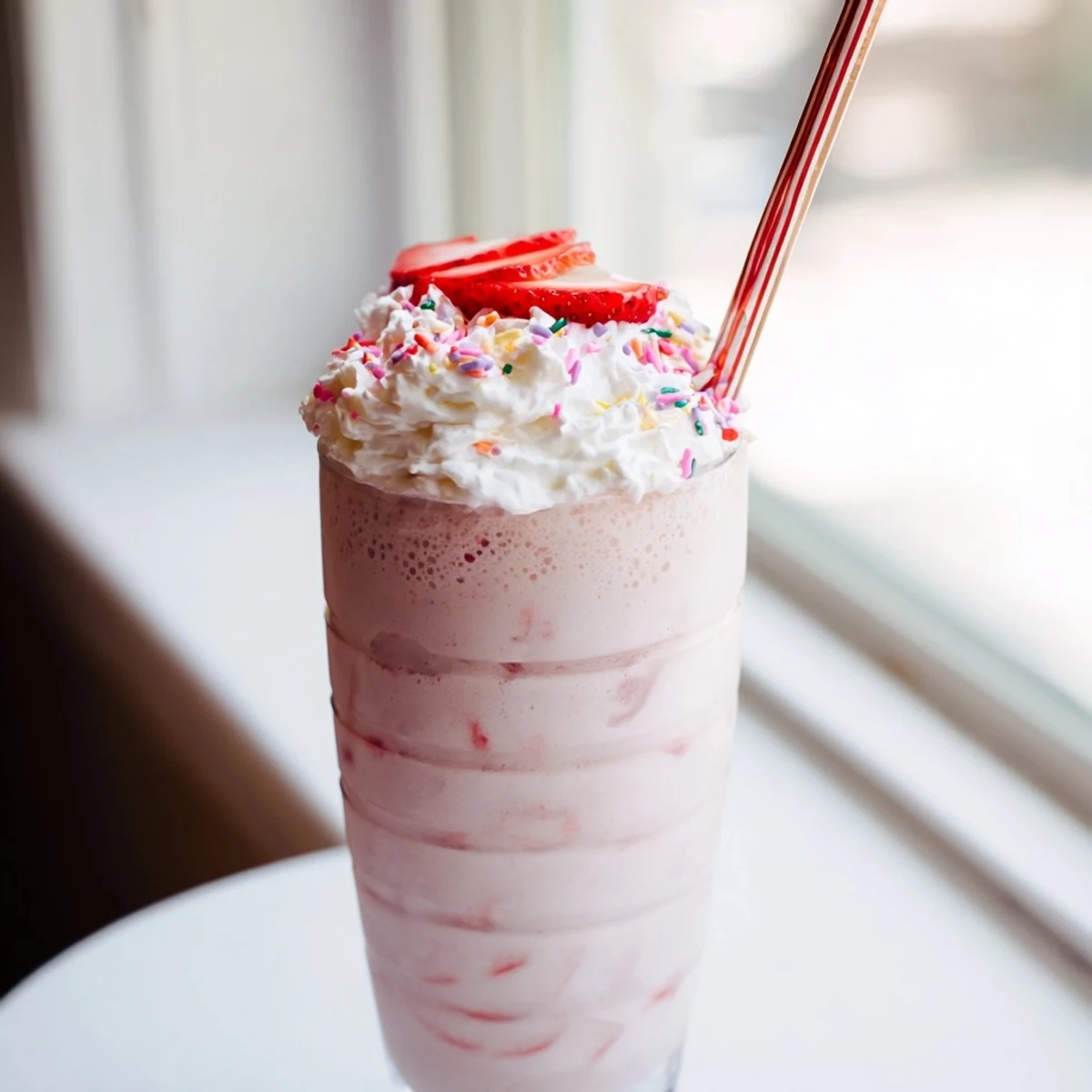 Tall glass filled with a creamy, pink strawberry milkshake topped with whipped cream