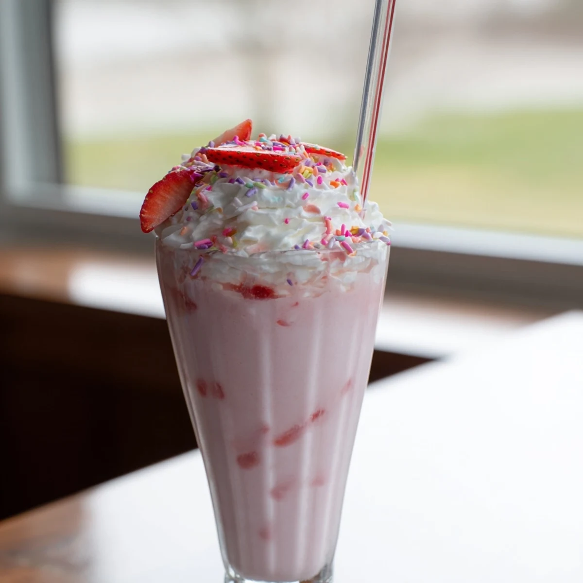 Fresh strawberry milkshake served in a mason jar with a straw and red berry slices