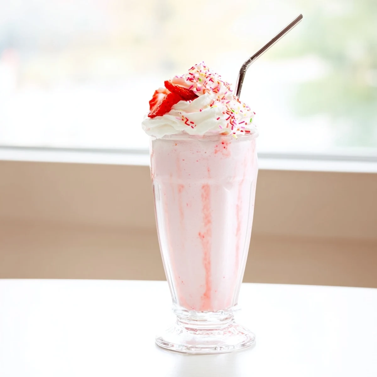 Close up of a thick, refreshing strawberry milkshake drizzled with syrup and sprinkles