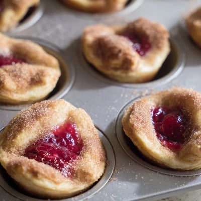A close-up of Quick Cherry Pie Bites arranged on a wire rack, showing their buttery crust and cinnamon sugar topping.
