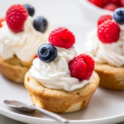 Sugar Cookie Cups displayed on a white plate, some with whipped cream and others with chocolate chips and blueberry garnish.
