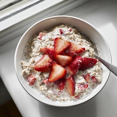 A close-up of Strawberry Overnight Oats with chia seeds, diced strawberries, and a spoon ready to eat.