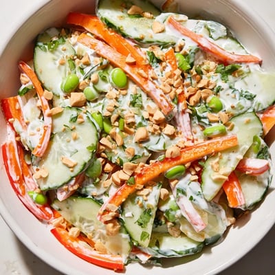 This creamy Asian cucumber bowl features crunchy vegetables, a tangy dressing, and a refreshing light lunch serving suggestion.