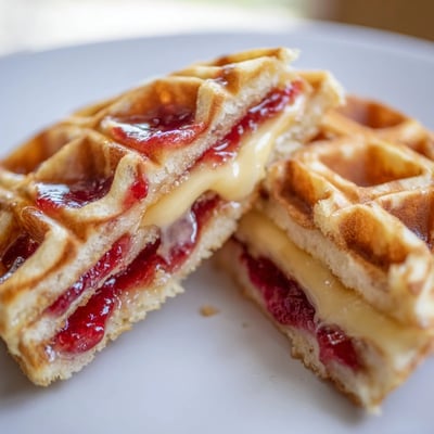 A close-up view of Sweet Waffle Grilled Cheese with gooey Havarti and buttery waffle texture ready to serve.
