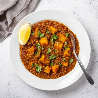 Creamy Pumpkin and Lentil Rogan Josh Curry simmering in a pot with aromatic spices visible.