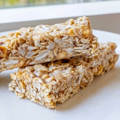 Chewy No Bake Apple Peanut Butter Granola Bars topped with visible oats and dried apple pieces