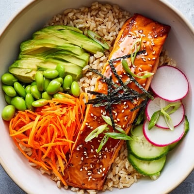 Flaky miso salmon grain bowl served over brown rice with colorful crisp vegetables