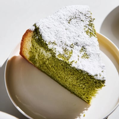 Light green Matcha Cake Recipe Bake sitting on a white wire cooling rack.