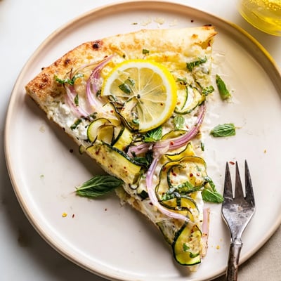 Rustic homemade Zesty Summer Lemon Pizza featuring bubbly mozzarella and thin lemon slices baked on a wooden board